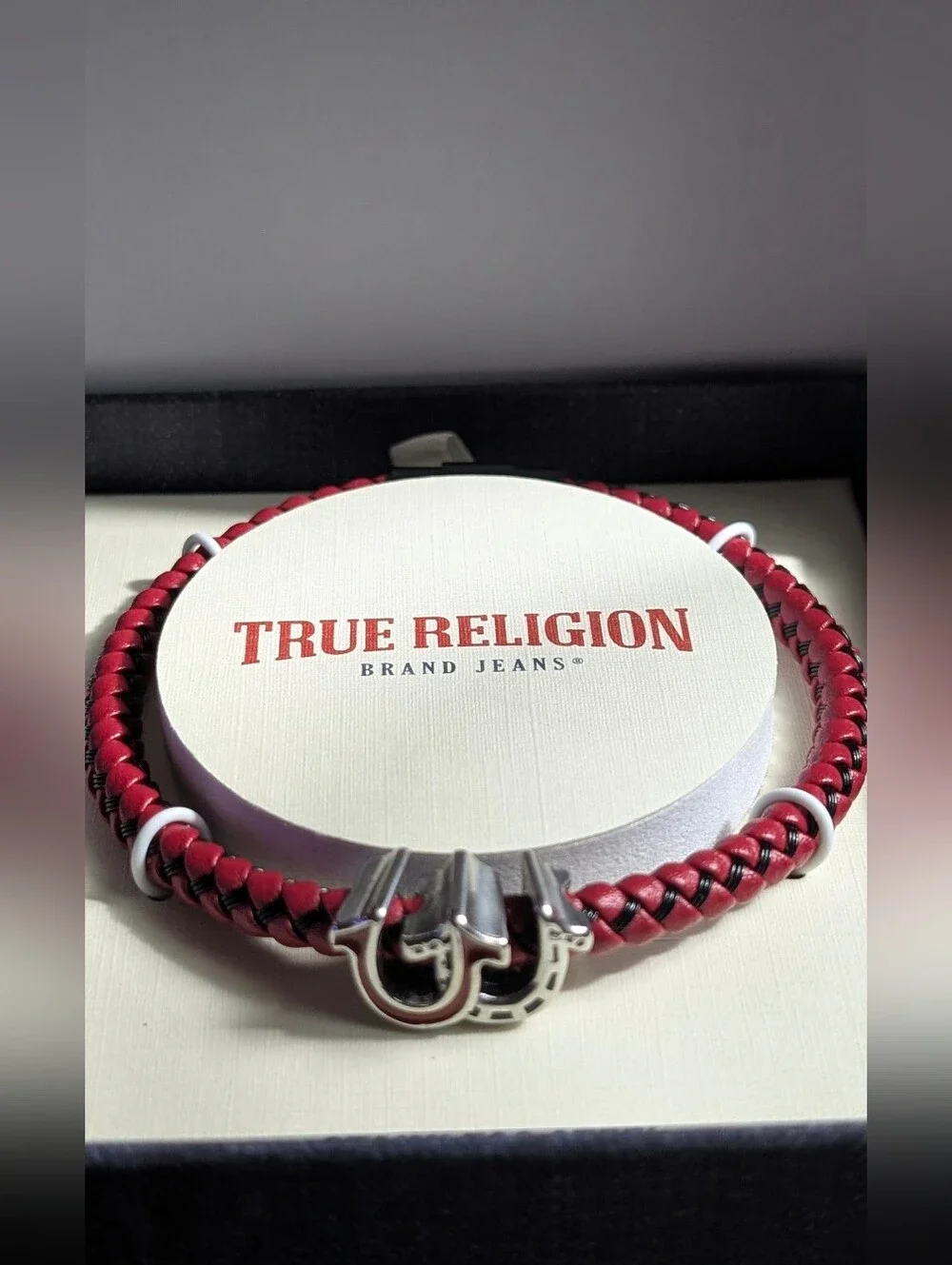 True Religion Men’s Braided Burgundy Bracelet with Stainless Steel Accents